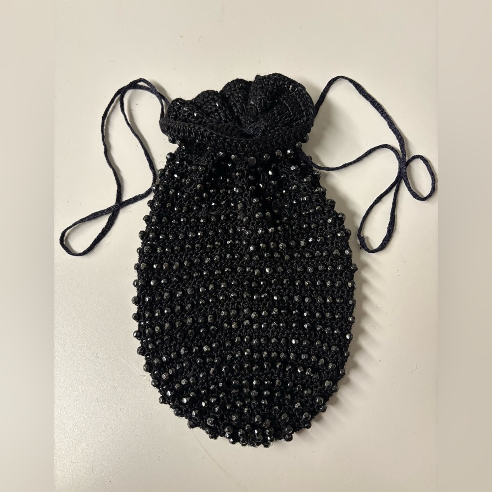 Antique Beaded Reticule Drawstring Handmade Bag. Possibly   a ”Mourning Bag”.